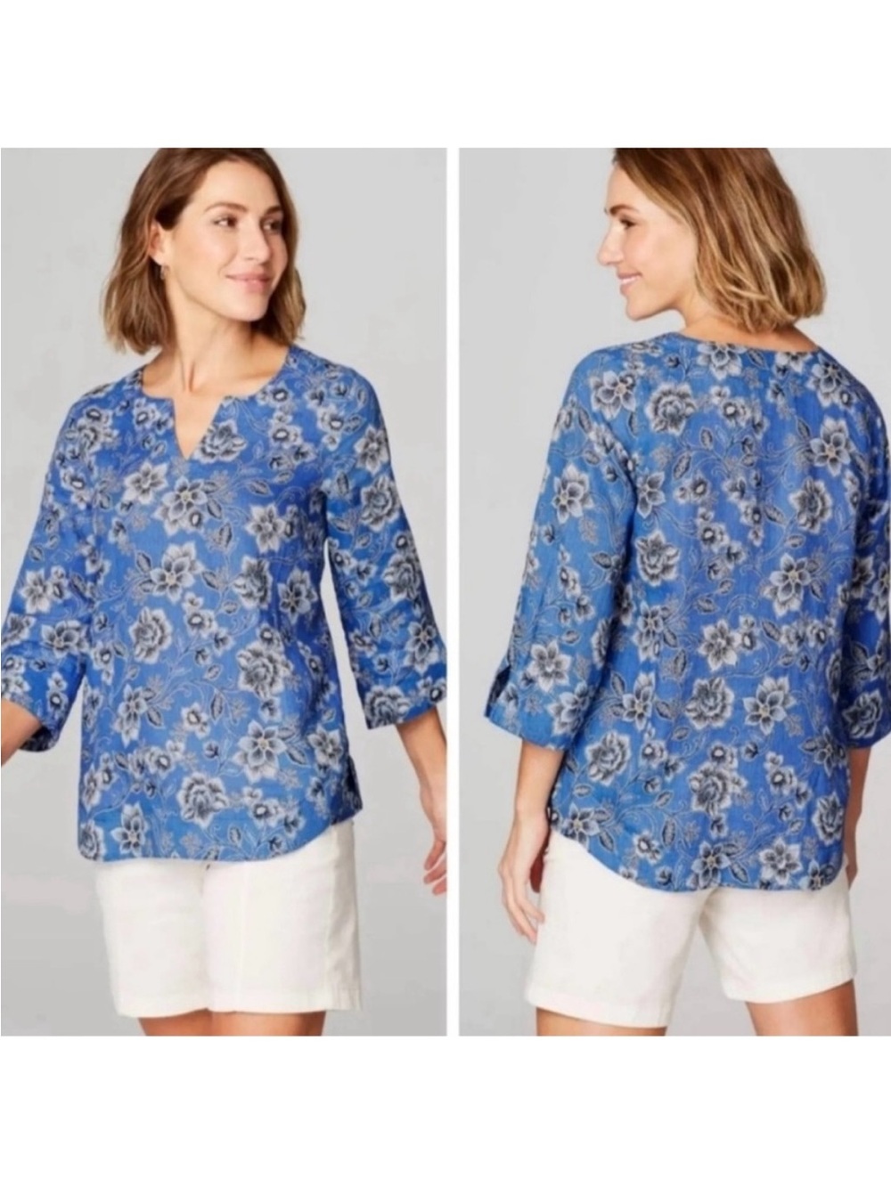 J. Jill 100% Linen Blouse blue floral